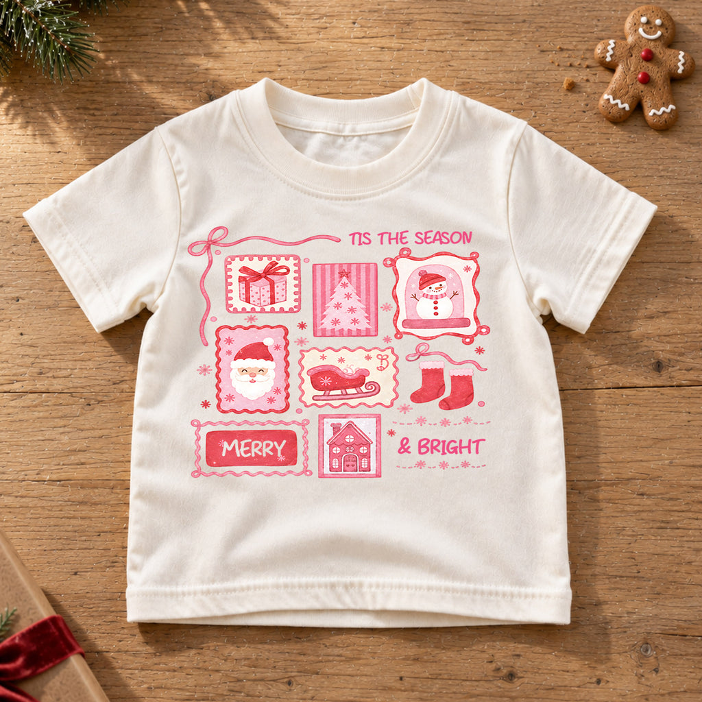 Tis the Season Pink Christmas Kids Shirt, Merry and Bright Santa Snowman Tee, Coquette Holiday Shirt for Kids, Cute Girly Christmas Outfit — product view 6