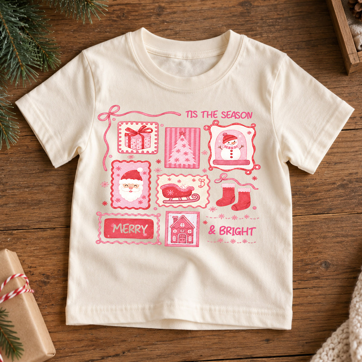 Tis the Season Pink Christmas Kids Shirt, Merry and Bright Santa Snowman Tee, Coquette Holiday Shirt for Kids, Cute Girly Christmas Outfit — product view 7
