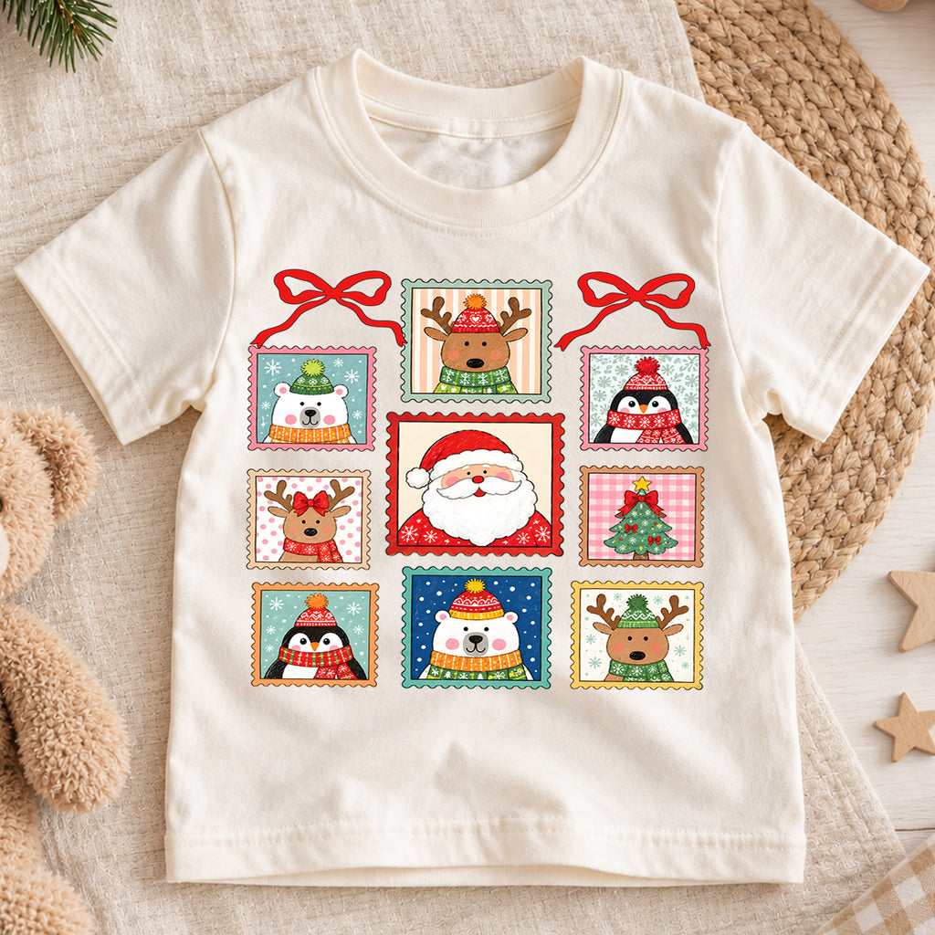 Christmas Stamp Kids Shirt, Santa Reindeer Penguin Holiday Tee, Vintage Postage Christmas Shirt for Kids, Cute Festive Holiday Outfit and Gift — product view 1