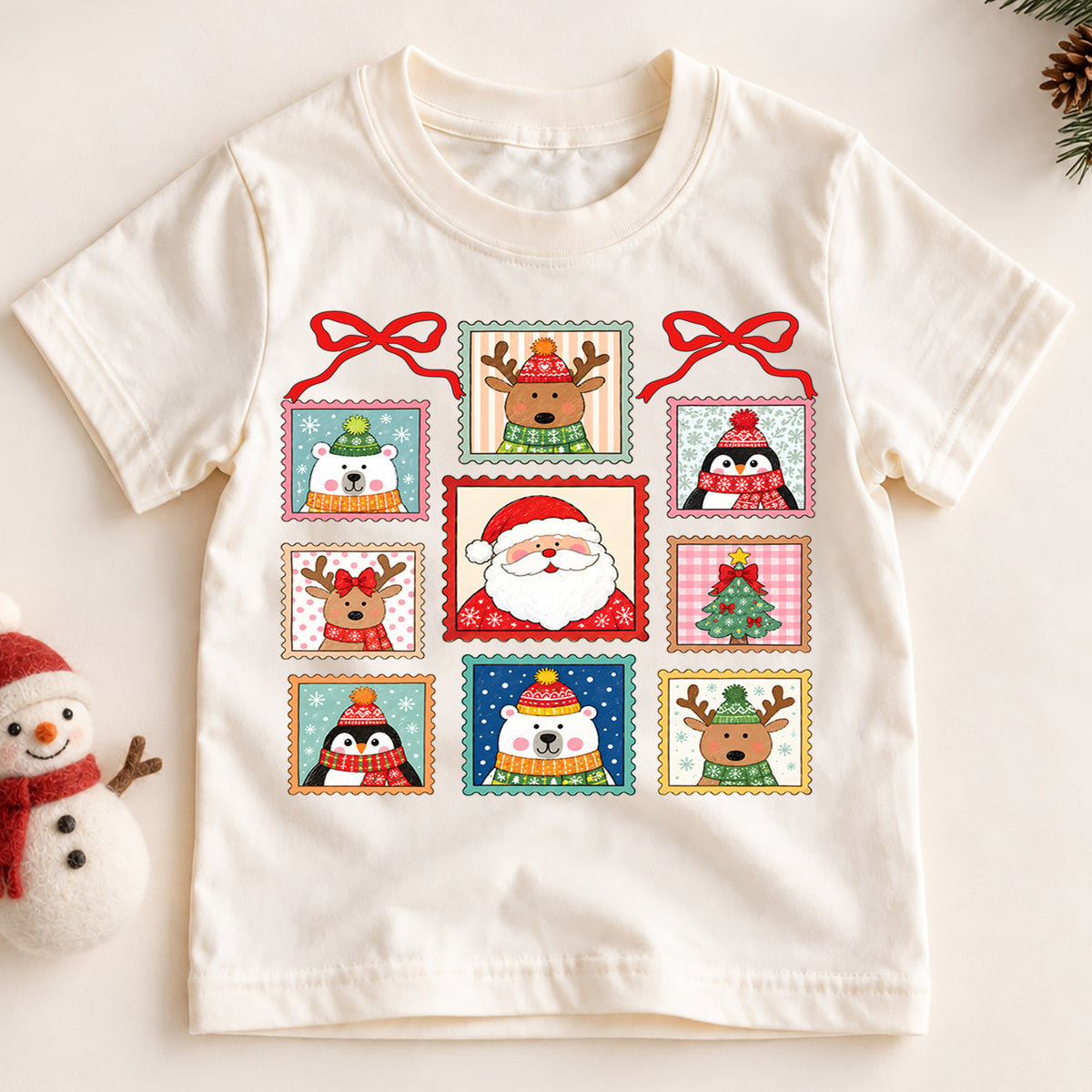 Christmas Stamp Kids Shirt, Santa Reindeer Penguin Holiday Tee, Vintage Postage Christmas Shirt for Kids, Cute Festive Holiday Outfit and Gift — product view 2