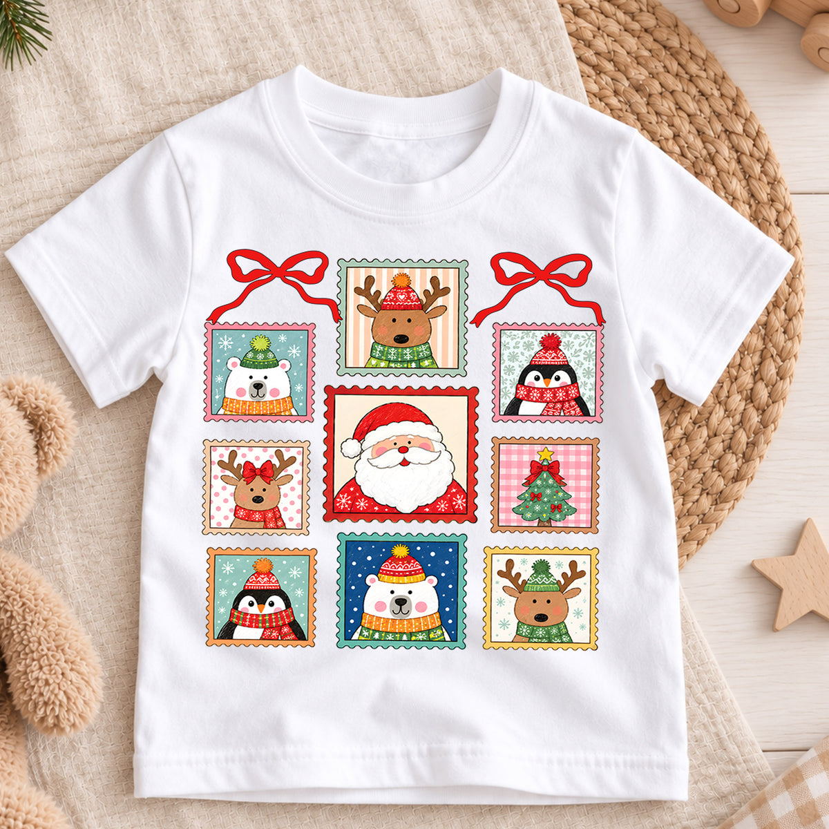 Christmas Stamp Kids Shirt, Santa Reindeer Penguin Holiday Tee, Vintage Postage Christmas Shirt for Kids, Cute Festive Holiday Outfit and Gift — product view 3