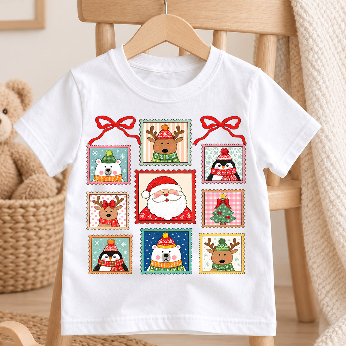 Christmas Stamp Kids Shirt, Santa Reindeer Penguin Holiday Tee, Vintage Postage Christmas Shirt for Kids, Cute Festive Holiday Outfit and Gift — product view 4