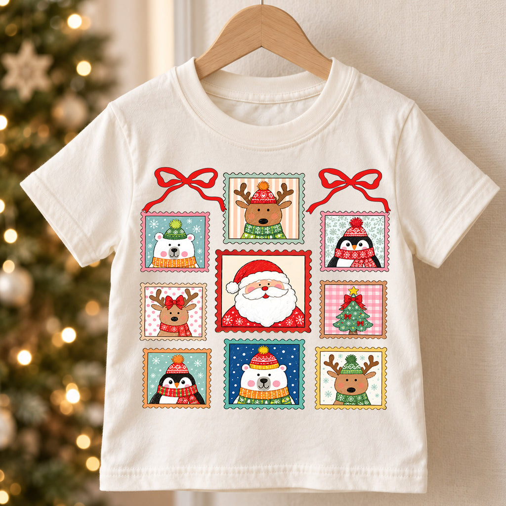 Christmas Stamp Kids Shirt, Santa Reindeer Penguin Holiday Tee, Vintage Postage Christmas Shirt for Kids, Cute Festive Holiday Outfit and Gift — product view 5