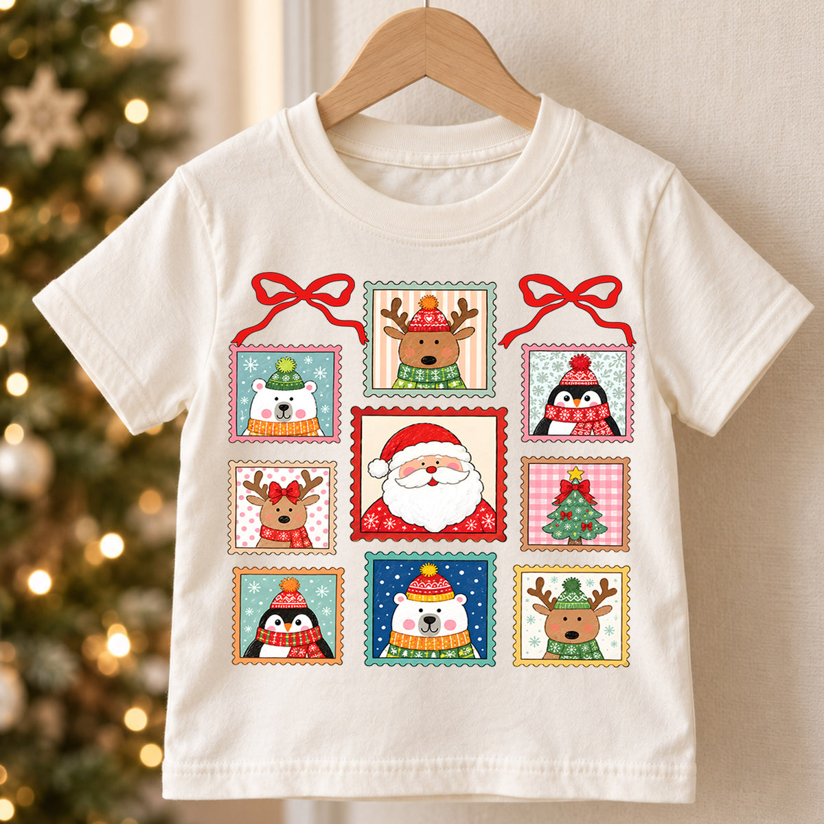 Christmas Stamp Kids Shirt, Santa Reindeer Penguin Holiday Tee, Vintage Postage Christmas Shirt for Kids, Cute Festive Holiday Outfit and Gift — product view 5