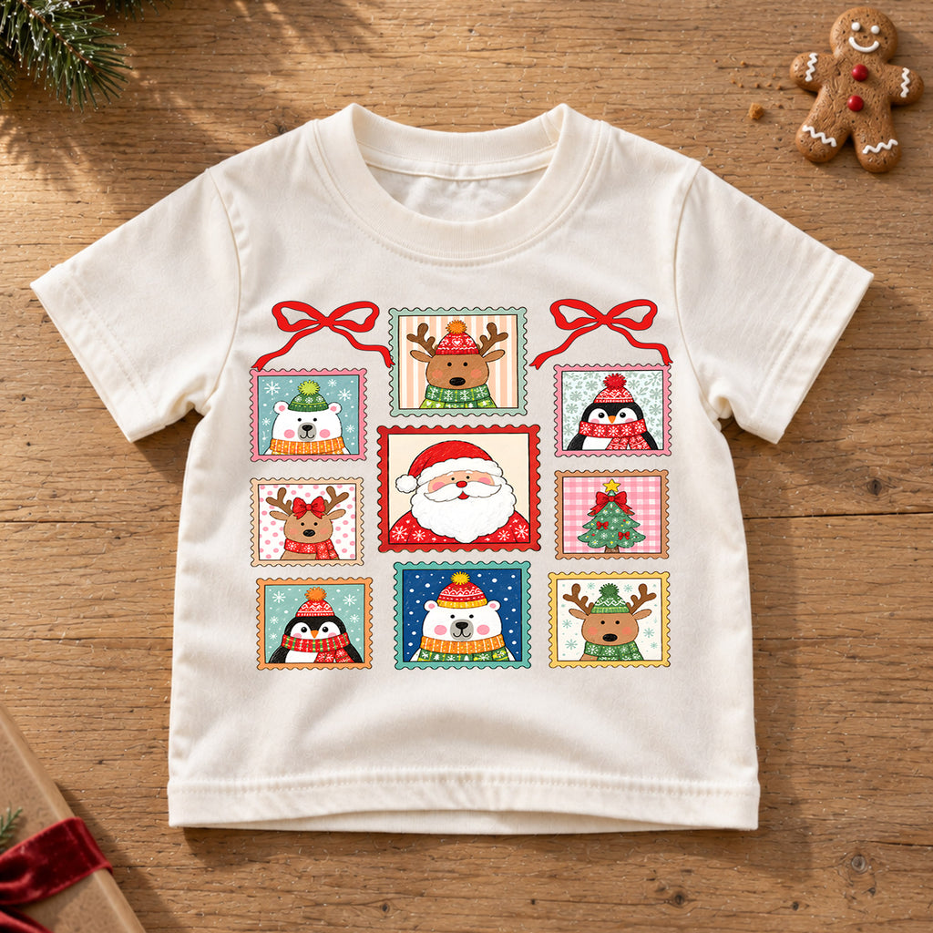 Christmas Stamp Kids Shirt, Santa Reindeer Penguin Holiday Tee, Vintage Postage Christmas Shirt for Kids, Cute Festive Holiday Outfit and Gift — product view 6