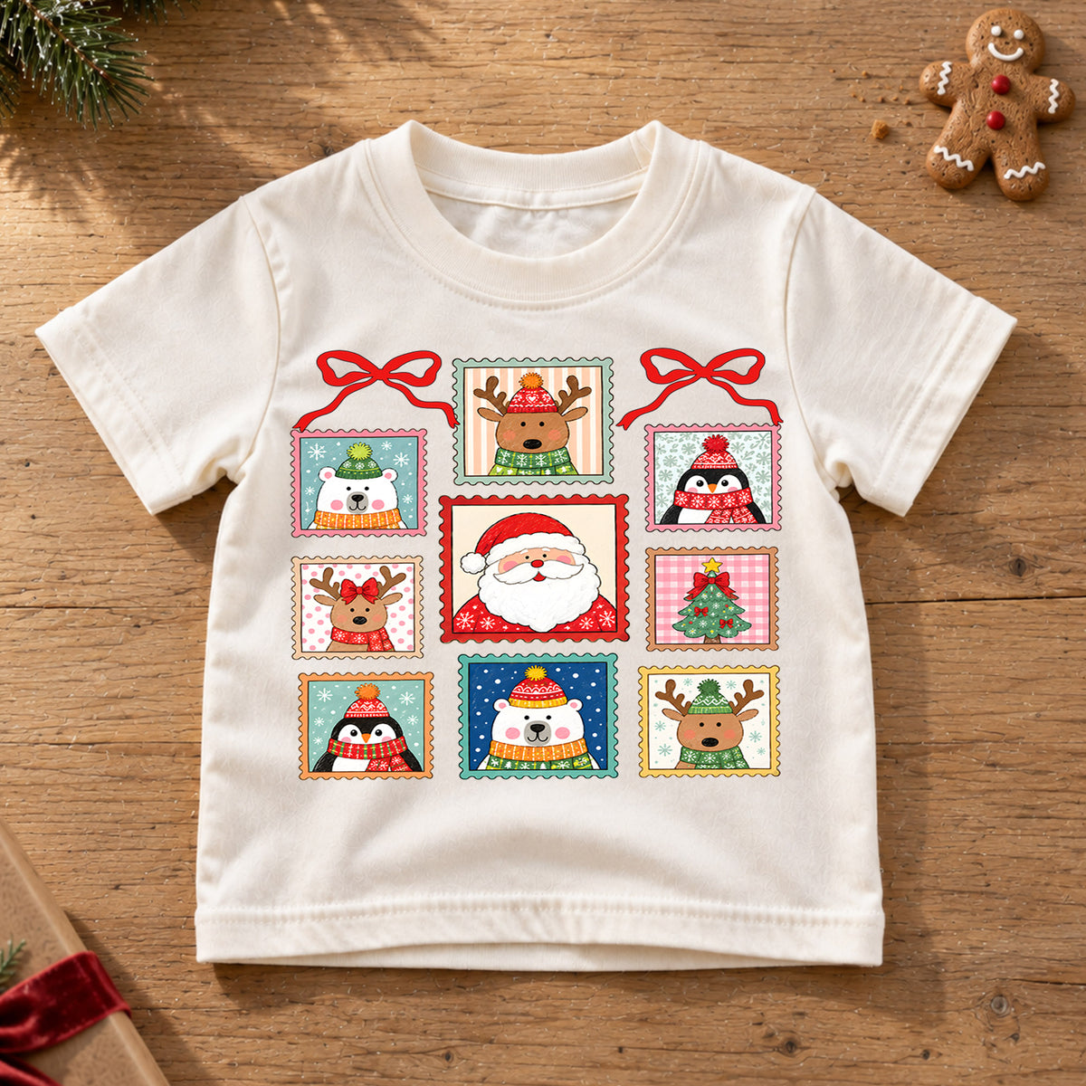 Christmas Stamp Kids Shirt, Santa Reindeer Penguin Holiday Tee, Vintage Postage Christmas Shirt for Kids, Cute Festive Holiday Outfit and Gift — product view 6