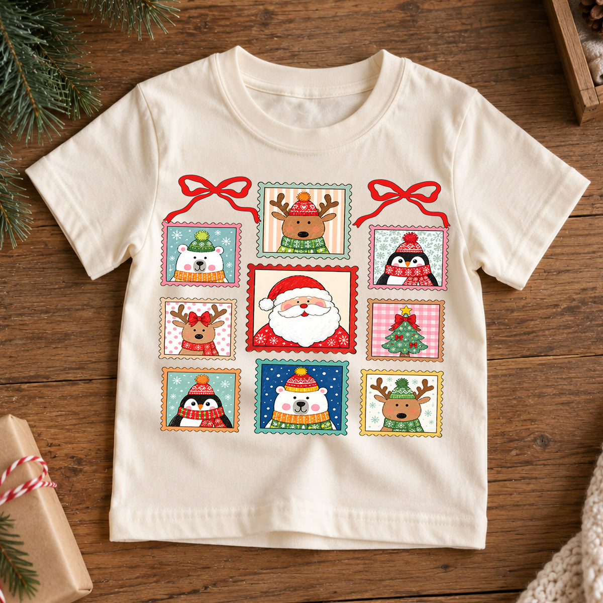 Christmas Stamp Kids Shirt, Santa Reindeer Penguin Holiday Tee, Vintage Postage Christmas Shirt for Kids, Cute Festive Holiday Outfit and Gift — product view 7