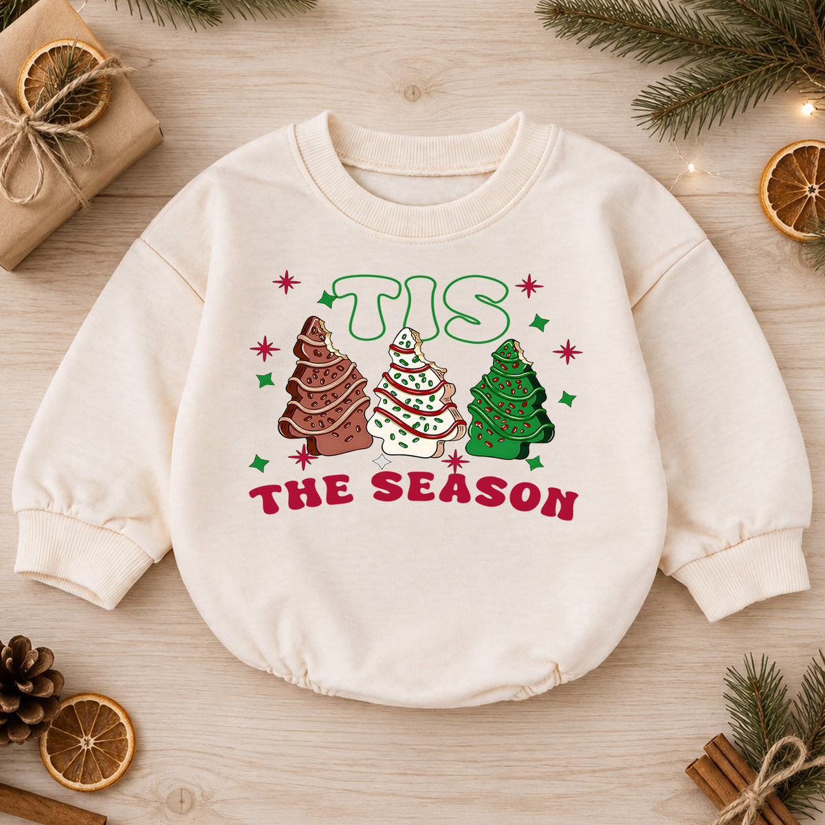 Christmas Cookie Baby Romper, Tis the Season Tree Treat Outfit, Retro Holiday Romper, Cute Toddler 1st Christmas Gift Set — product view 1