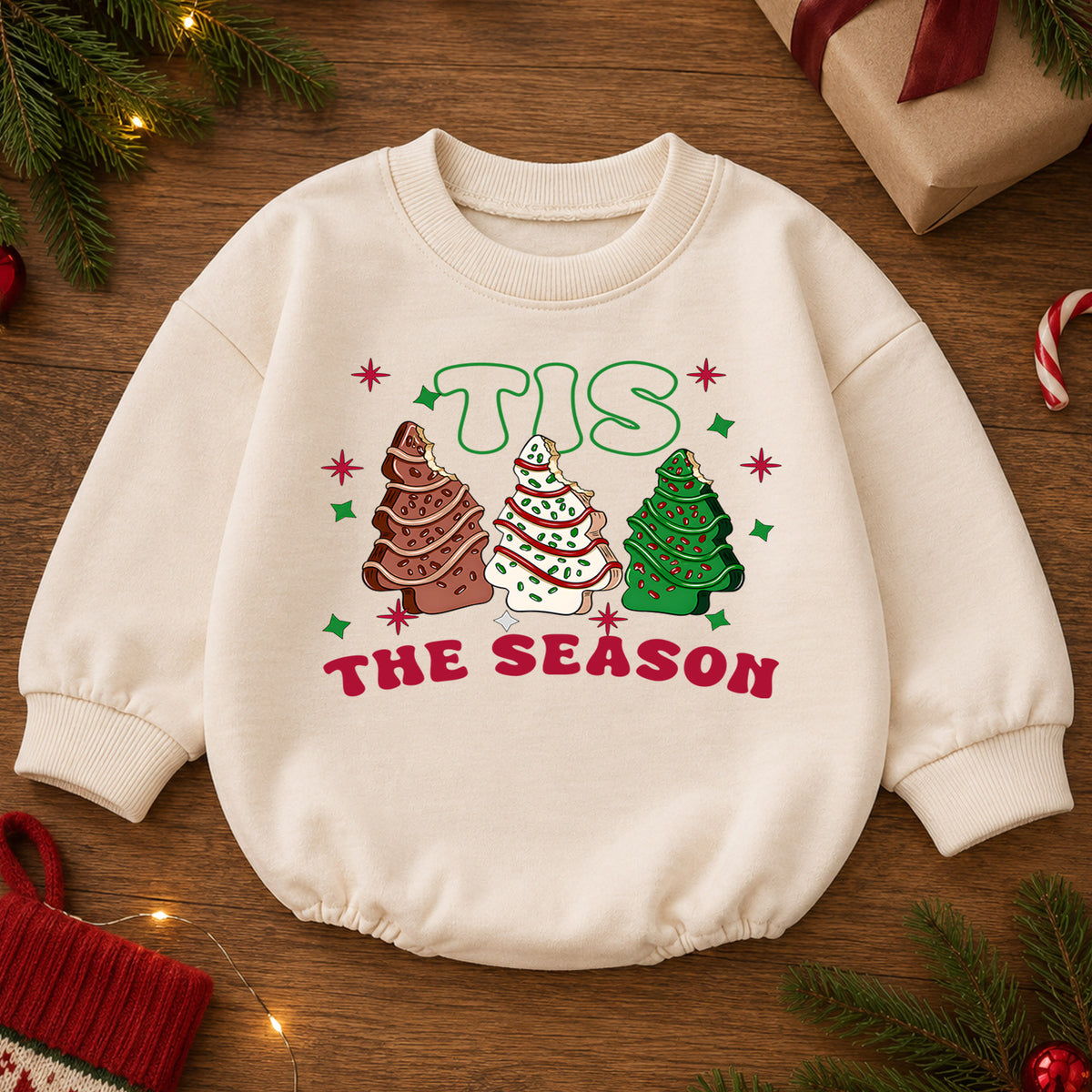 Christmas Cookie Baby Romper, Tis the Season Tree Treat Outfit, Retro Holiday Romper, Cute Toddler 1st Christmas Gift Set — product view 2