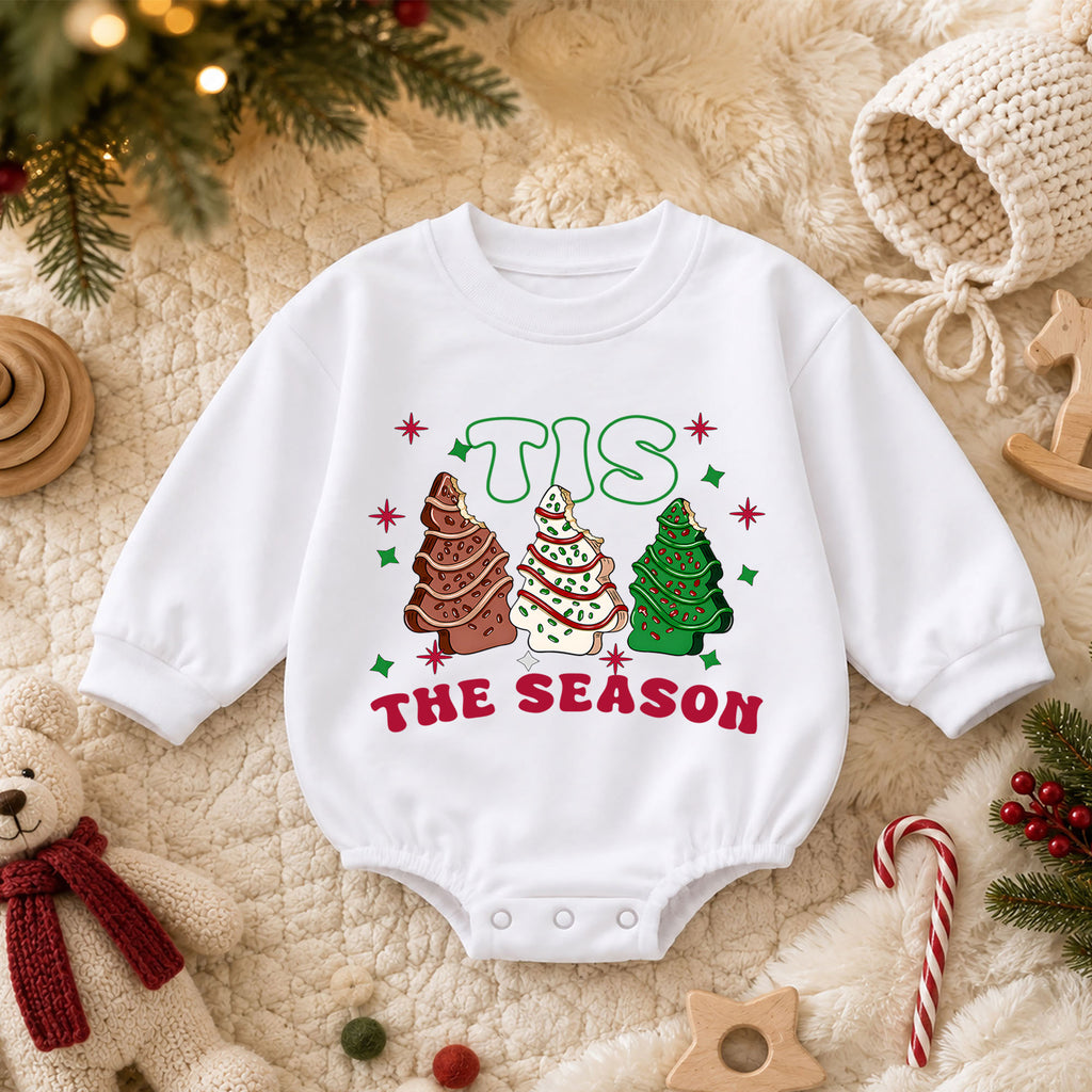 Christmas Cookie Baby Romper, Tis the Season Tree Treat Outfit, Retro Holiday Romper, Cute Toddler 1st Christmas Gift Set — product view 3