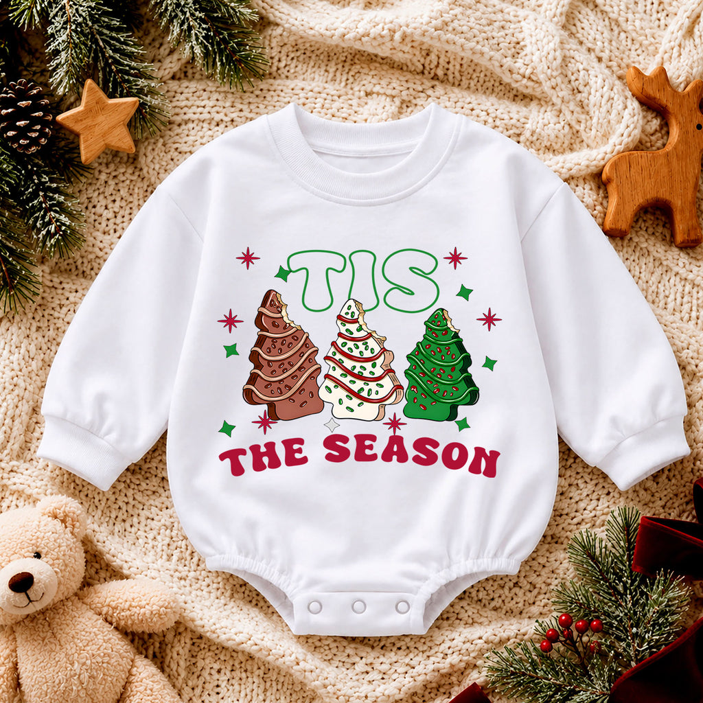 Christmas Cookie Baby Romper, Tis the Season Tree Treat Outfit, Retro Holiday Romper, Cute Toddler 1st Christmas Gift Set — product view 4