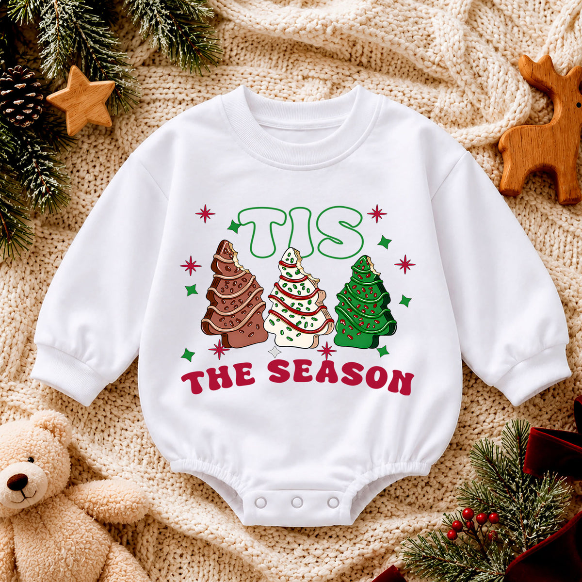 Christmas Cookie Baby Romper, Tis the Season Tree Treat Outfit, Retro Holiday Romper, Cute Toddler 1st Christmas Gift Set — product view 4