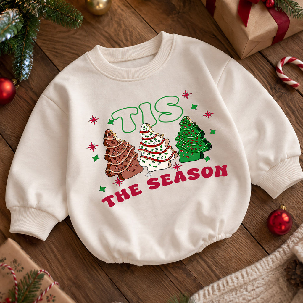 Christmas Cookie Baby Romper, Tis the Season Tree Treat Outfit, Retro Holiday Romper, Cute Toddler 1st Christmas Gift Set — product view 5