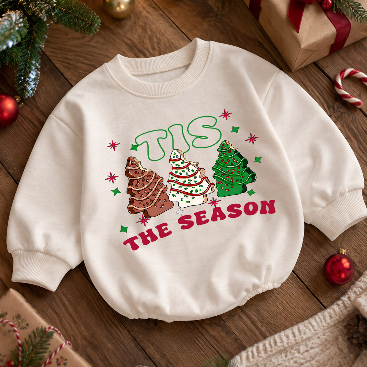 Christmas Cookie Baby Romper, Tis the Season Tree Treat Outfit, Retro Holiday Romper, Cute Toddler 1st Christmas Gift Set — product view 5