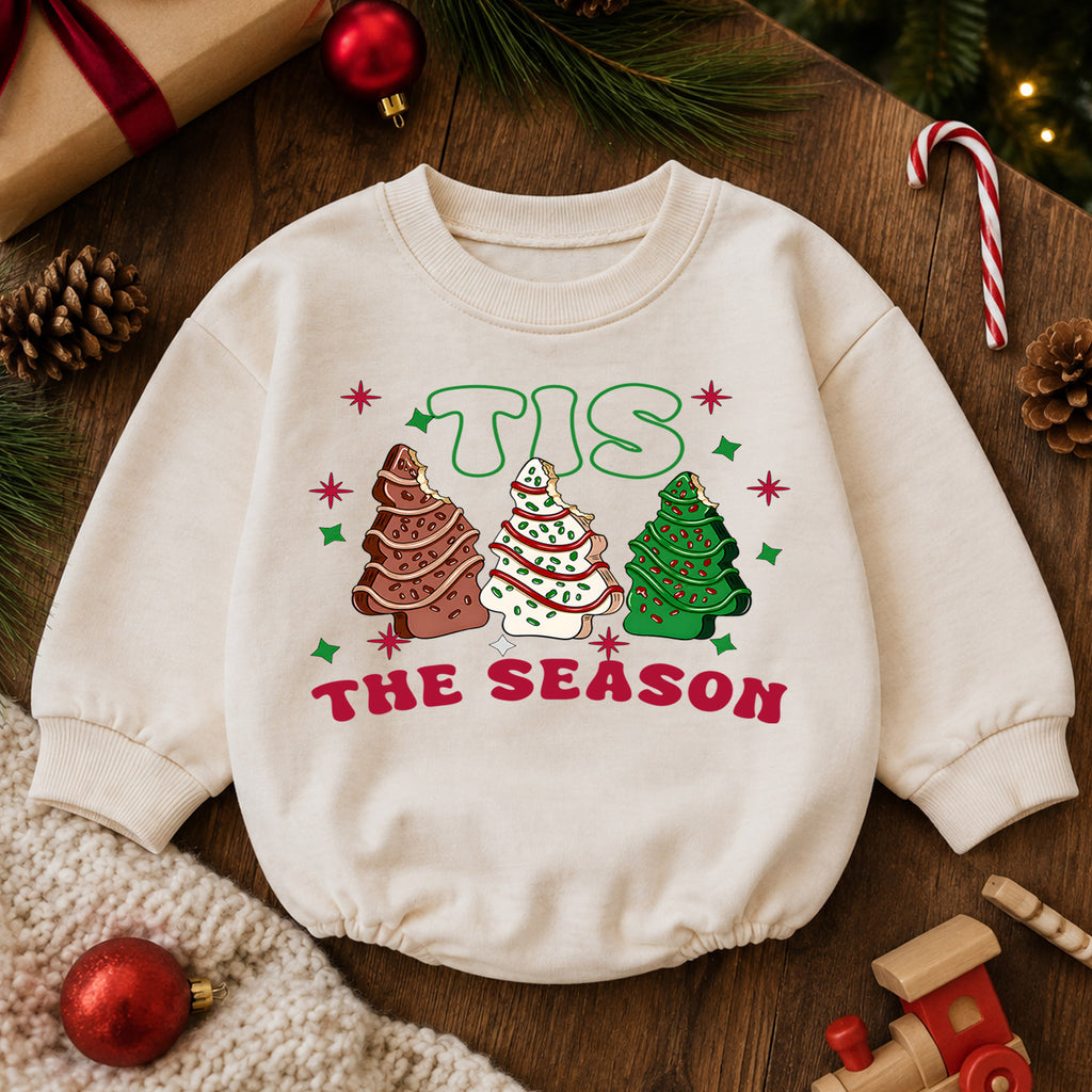 Christmas Cookie Baby Romper, Tis the Season Tree Treat Outfit, Retro Holiday Romper, Cute Toddler 1st Christmas Gift Set — product view 6