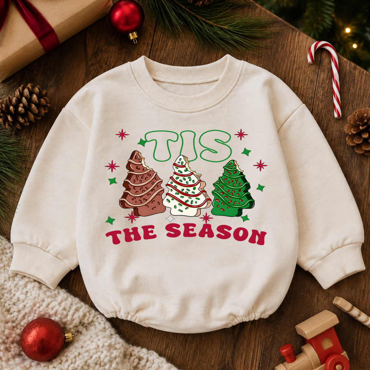 Christmas Cookie Baby Romper, Tis the Season Tree Treat Outfit, Retro Holiday Romper, Cute Toddler 1st Christmas Gift Set — product view 6