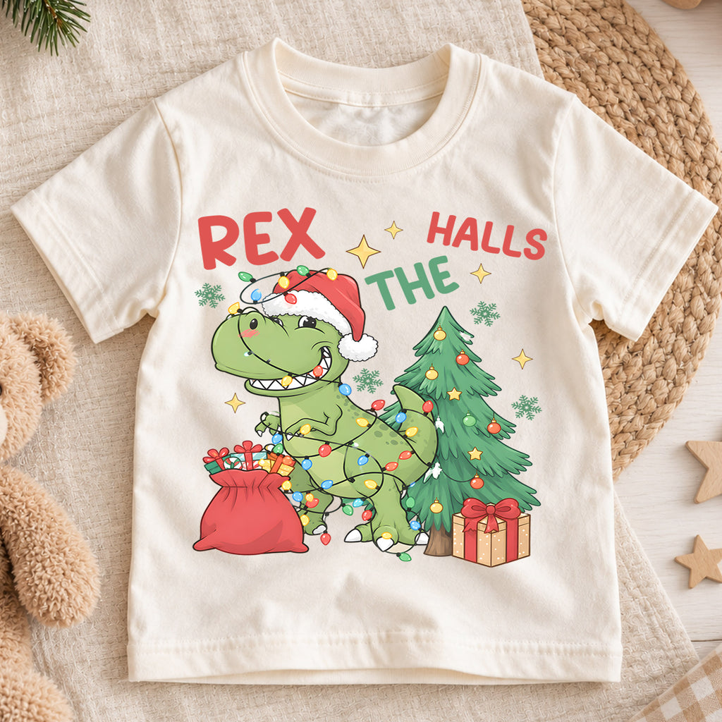 Christmas T Rex Kids Shirt, Dinosaur Christmas Lights Tee, Funny T Rex Holiday Shirt for Boys and Girls, Cute Dino Christmas Outfit and Gift — product view 1