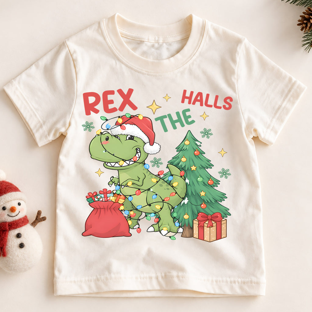 Christmas T Rex Kids Shirt, Dinosaur Christmas Lights Tee, Funny T Rex Holiday Shirt for Boys and Girls, Cute Dino Christmas Outfit and Gift — product view 2