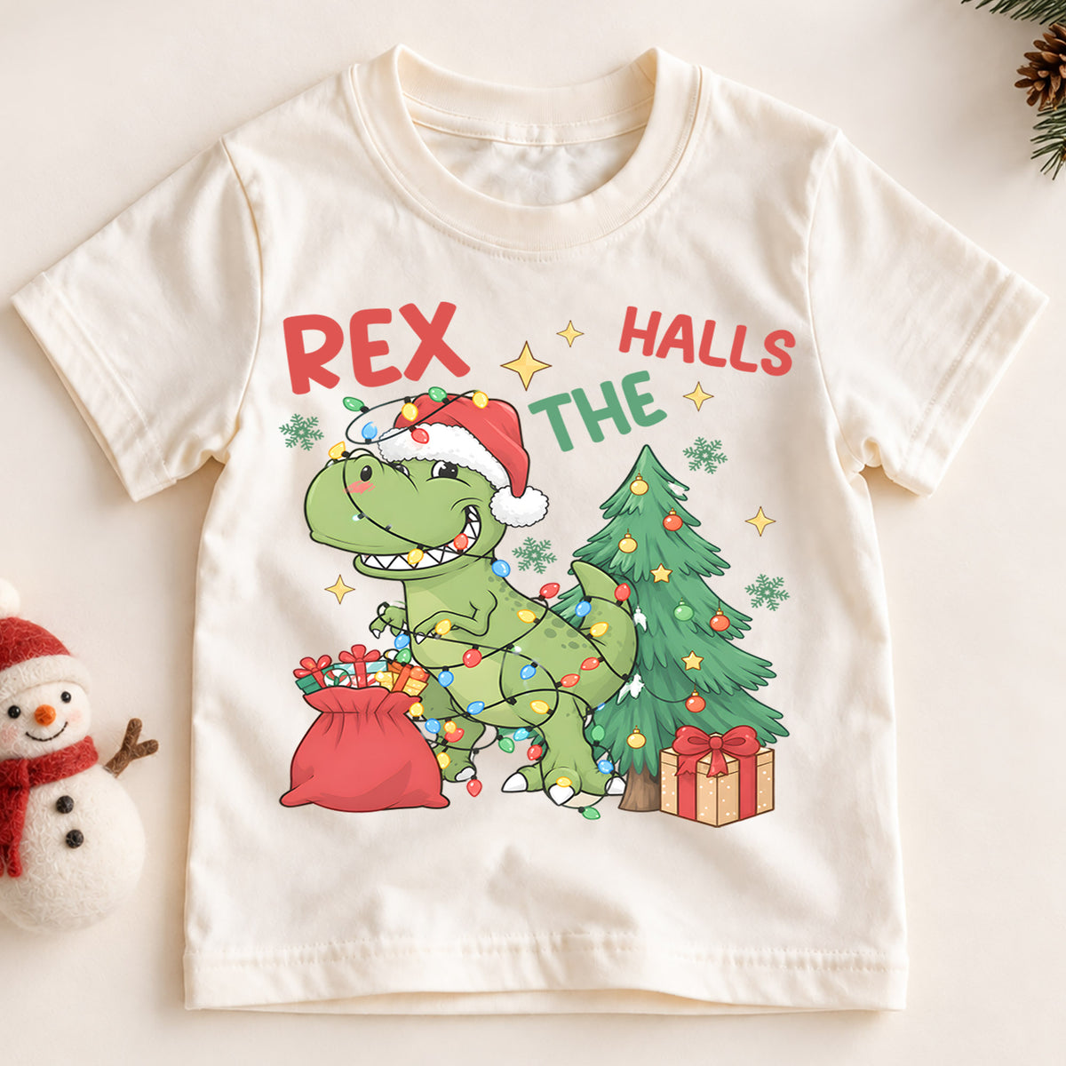 Christmas T Rex Kids Shirt, Dinosaur Christmas Lights Tee, Funny T Rex Holiday Shirt for Boys and Girls, Cute Dino Christmas Outfit and Gift — product view 2