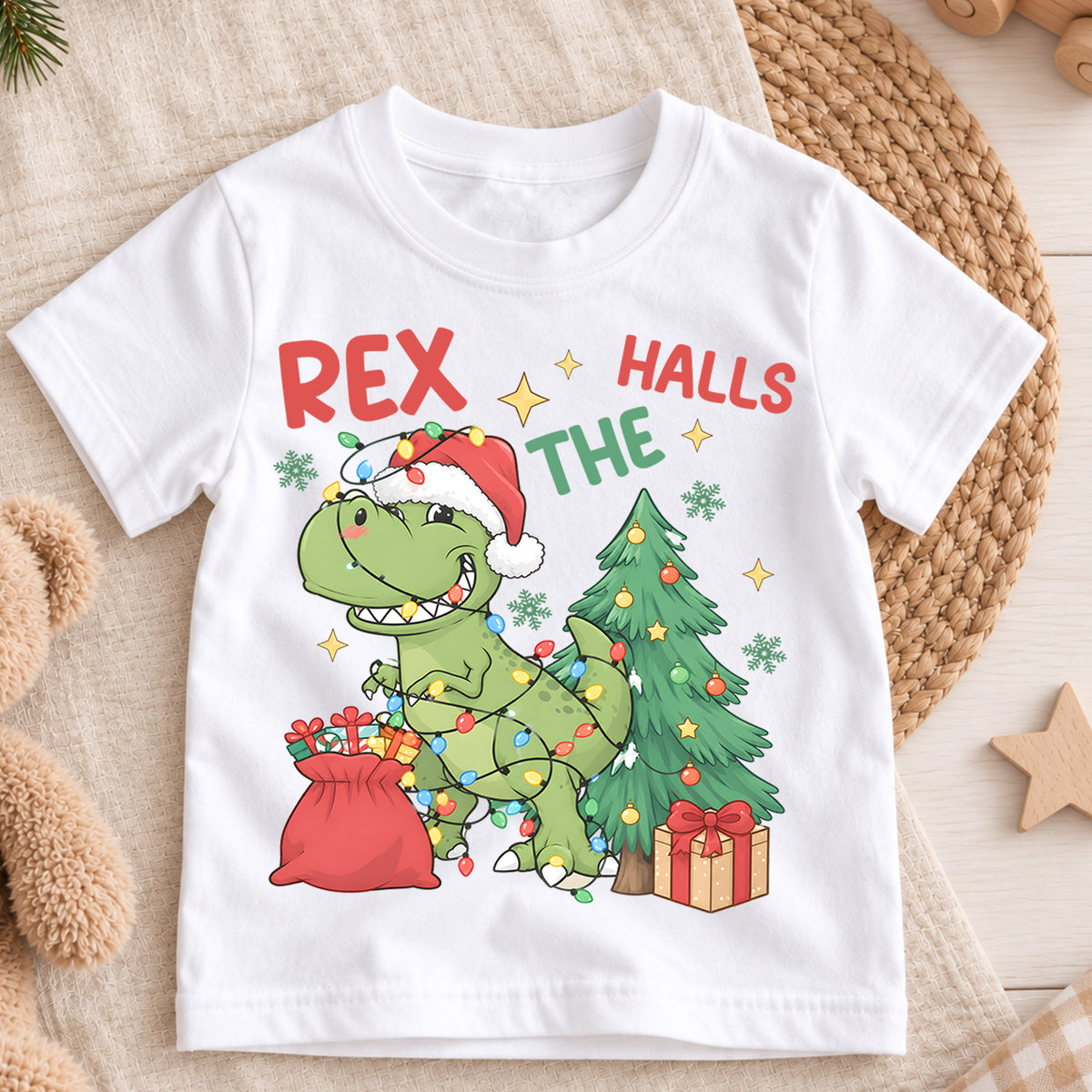 Christmas T Rex Kids Shirt, Dinosaur Christmas Lights Tee, Funny T Rex Holiday Shirt for Boys and Girls, Cute Dino Christmas Outfit and Gift — product view 3