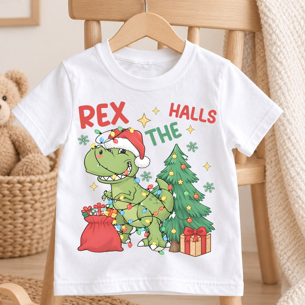 Christmas T Rex Kids Shirt, Dinosaur Christmas Lights Tee, Funny T Rex Holiday Shirt for Boys and Girls, Cute Dino Christmas Outfit and Gift — product view 4
