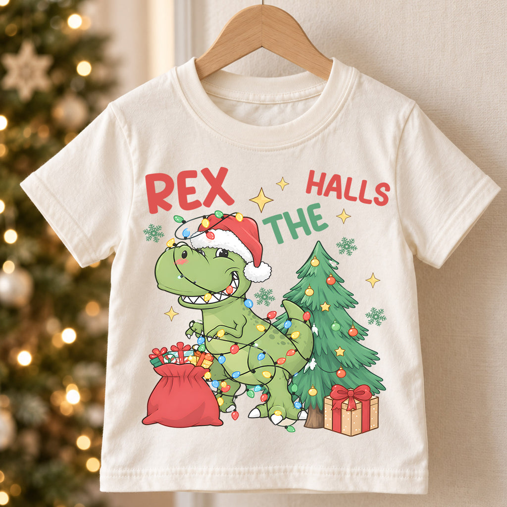 Christmas T Rex Kids Shirt, Dinosaur Christmas Lights Tee, Funny T Rex Holiday Shirt for Boys and Girls, Cute Dino Christmas Outfit and Gift — product view 5