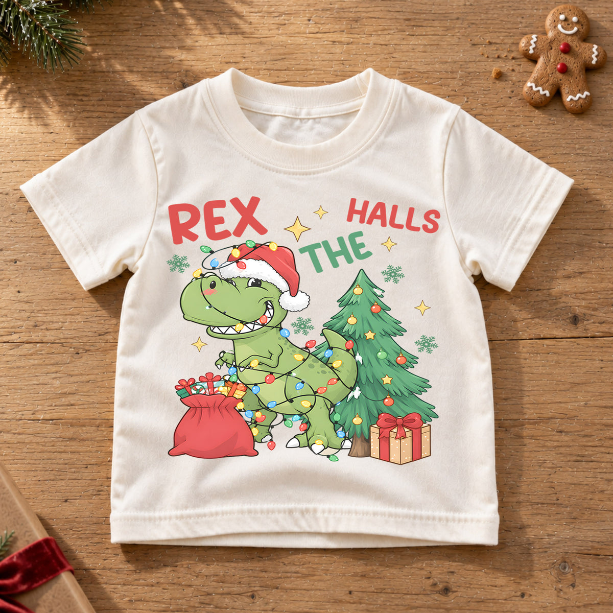 Christmas T Rex Kids Shirt, Dinosaur Christmas Lights Tee, Funny T Rex Holiday Shirt for Boys and Girls, Cute Dino Christmas Outfit and Gift — product view 6