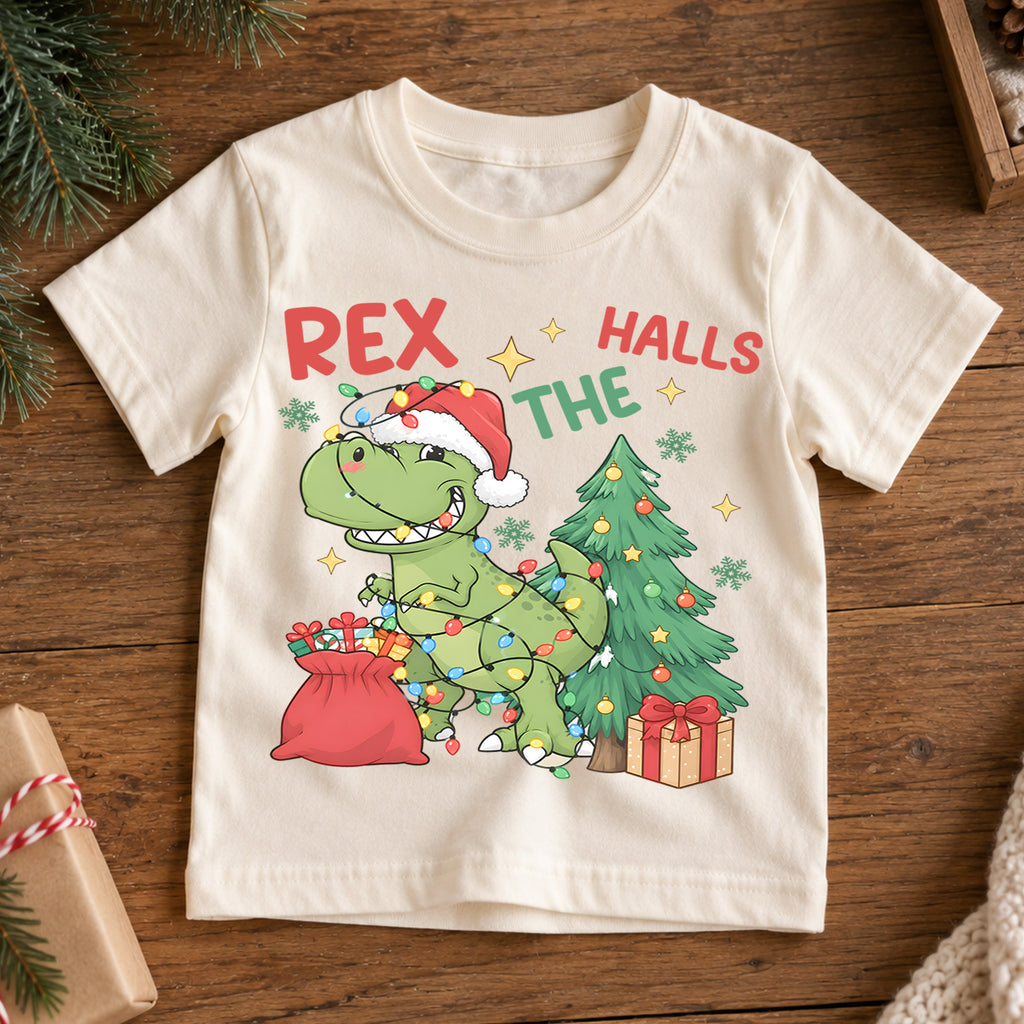 Christmas T Rex Kids Shirt, Dinosaur Christmas Lights Tee, Funny T Rex Holiday Shirt for Boys and Girls, Cute Dino Christmas Outfit and Gift — product view 7