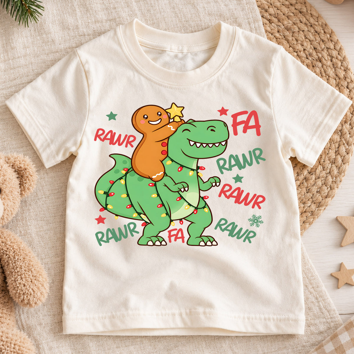 Gingerbread Dinosaur Kids Christmas Shirt, T Rex Holiday Lights Tee, Funny Dino Christmas T Shirt, Xmas Gift for Kids — product view 1