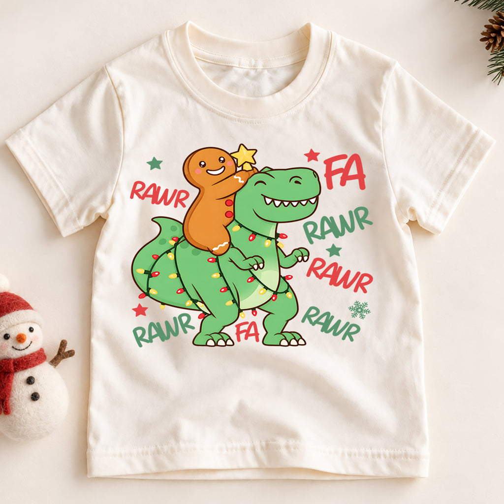 Gingerbread Dinosaur Kids Christmas Shirt, T Rex Holiday Lights Tee, Funny Dino Christmas T Shirt, Xmas Gift for Kids — product view 2