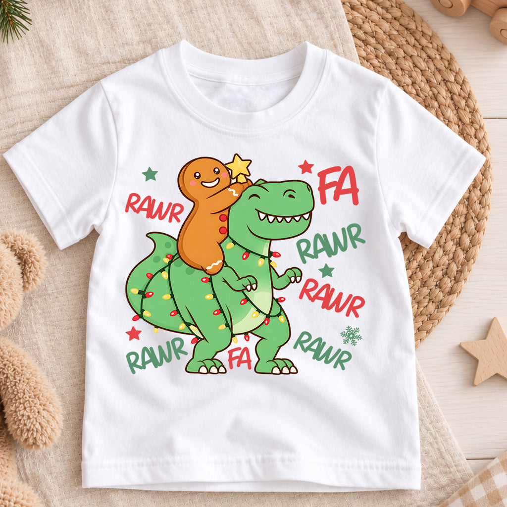 Gingerbread Dinosaur Kids Christmas Shirt, T Rex Holiday Lights Tee, Funny Dino Christmas T Shirt, Xmas Gift for Kids — product view 3