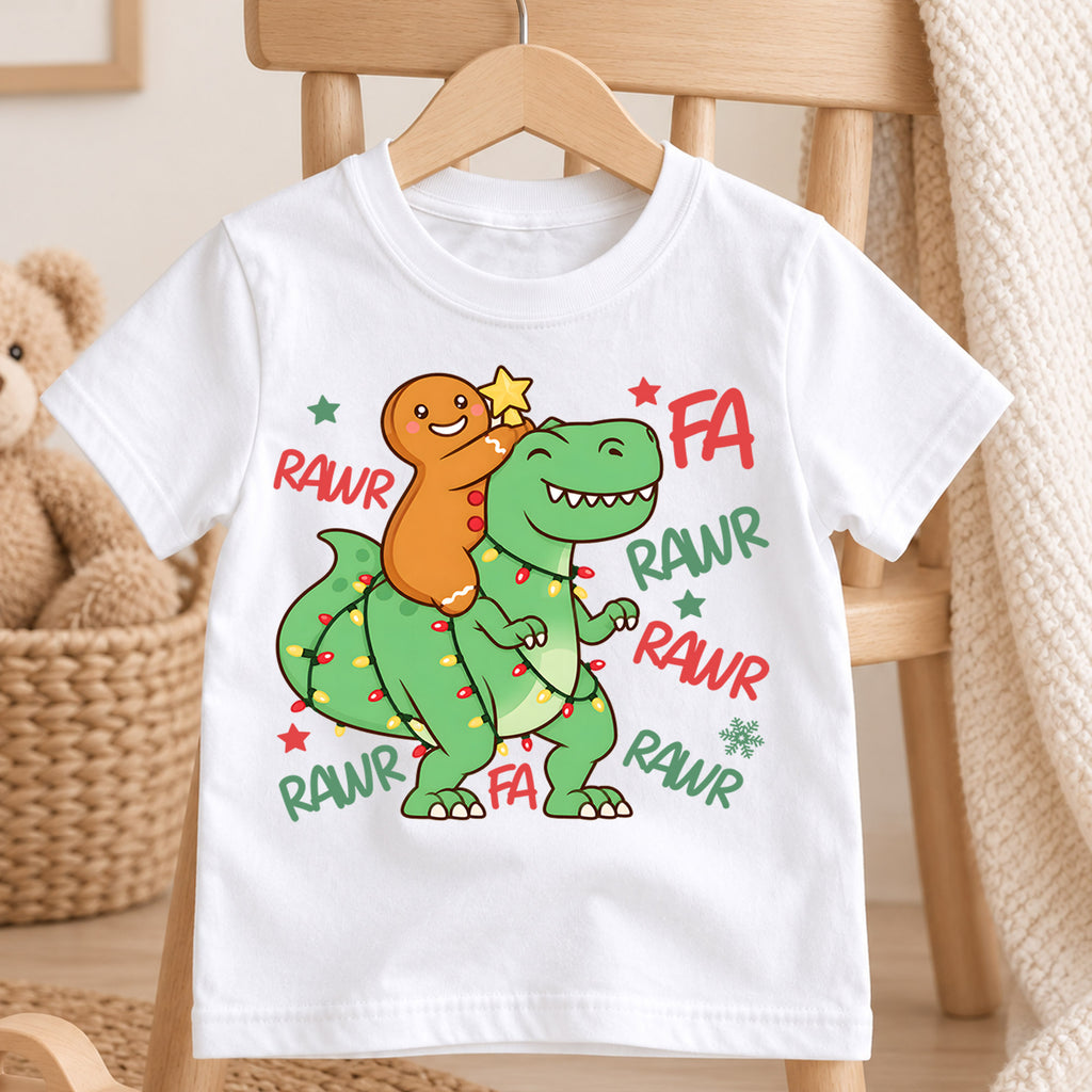 Gingerbread Dinosaur Kids Christmas Shirt, T Rex Holiday Lights Tee, Funny Dino Christmas T Shirt, Xmas Gift for Kids — product view 4