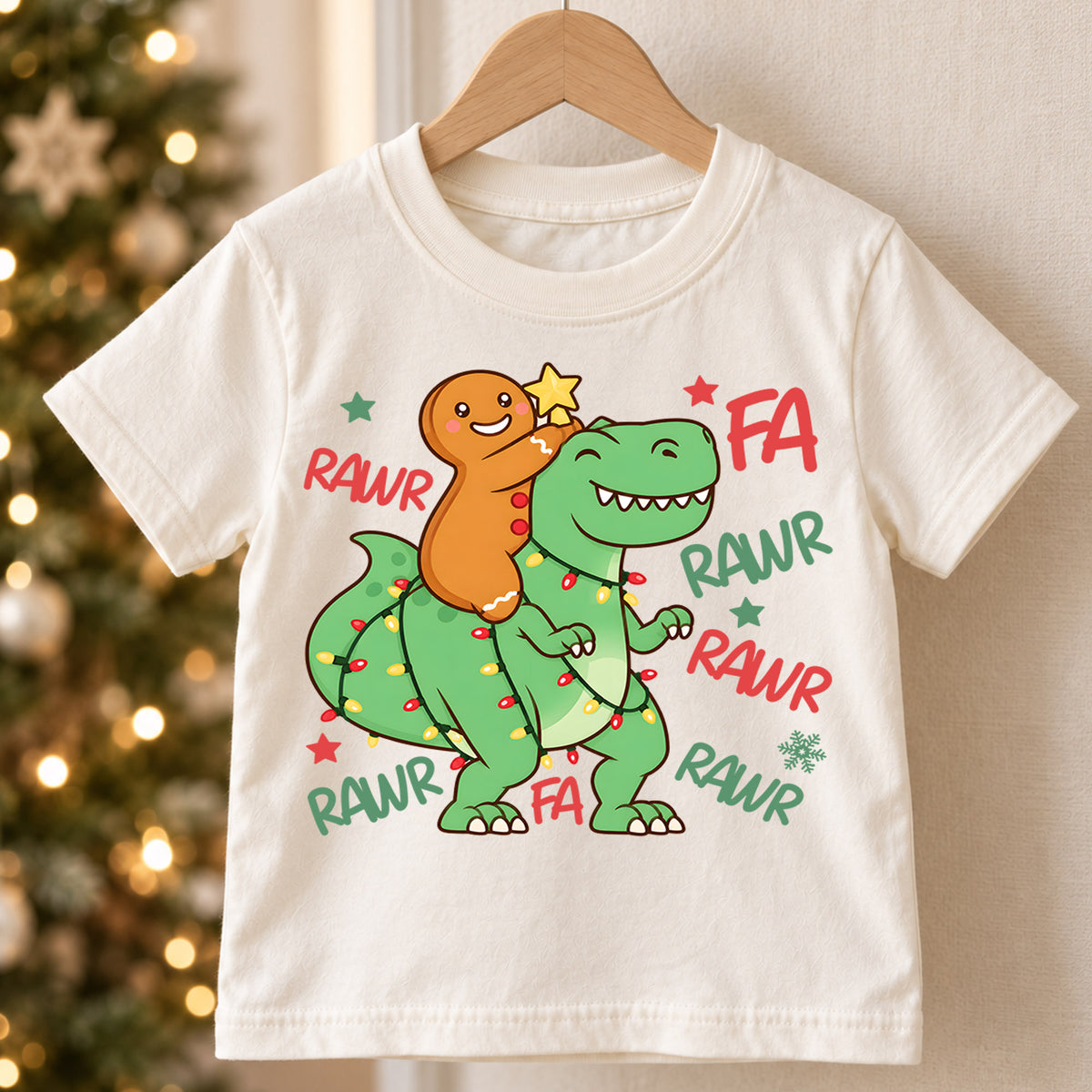 Gingerbread Dinosaur Kids Christmas Shirt, T Rex Holiday Lights Tee, Funny Dino Christmas T Shirt, Xmas Gift for Kids — product view 5