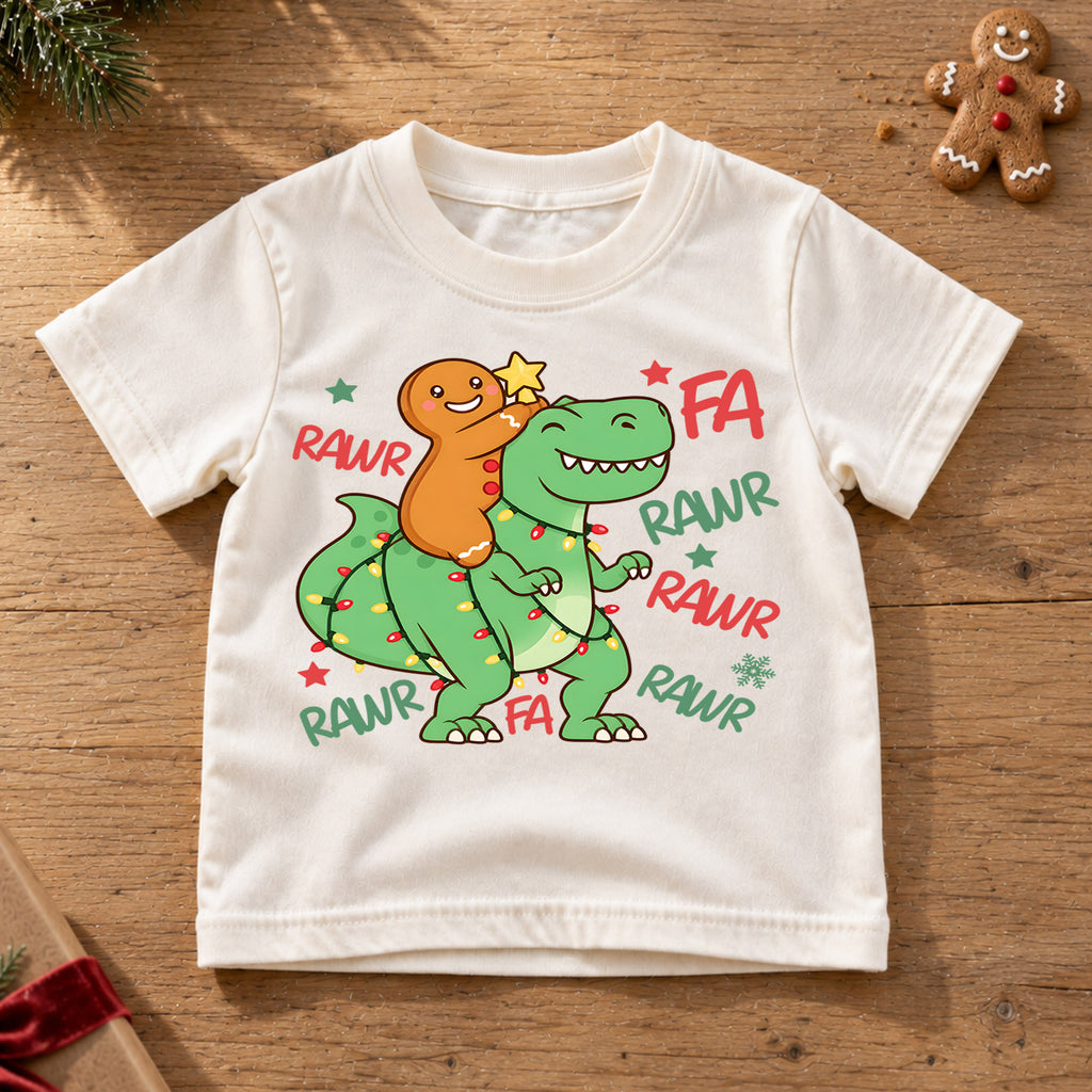 Gingerbread Dinosaur Kids Christmas Shirt, T Rex Holiday Lights Tee, Funny Dino Christmas T Shirt, Xmas Gift for Kids — product view 6