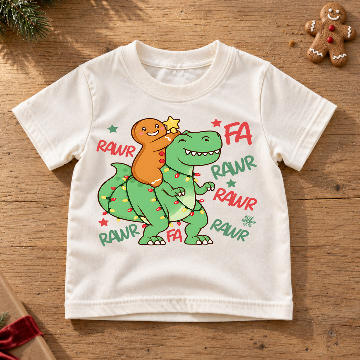 Gingerbread Dinosaur Kids Christmas Shirt, T Rex Holiday Lights Tee, Funny Dino Christmas T Shirt, Xmas Gift for Kids — product view 6