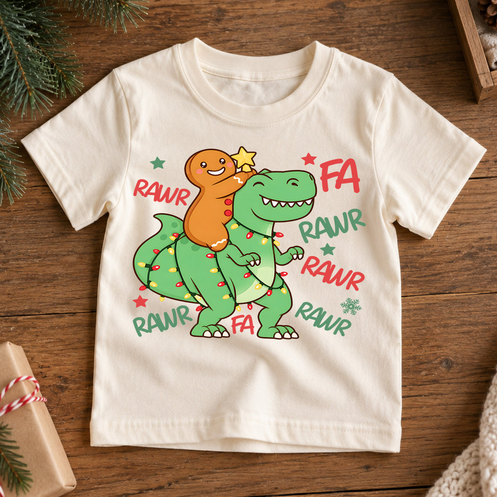 Gingerbread Dinosaur Kids Christmas Shirt, T Rex Holiday Lights Tee, Funny Dino Christmas T Shirt, Xmas Gift for Kids — product view 7