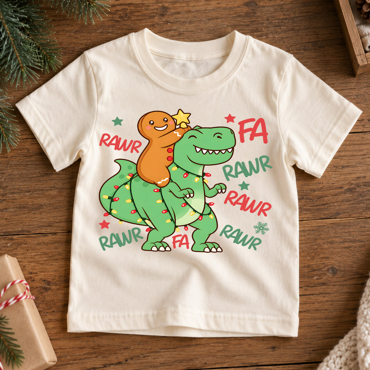 Gingerbread Dinosaur Kids Christmas Shirt, T Rex Holiday Lights Tee, Funny Dino Christmas T Shirt, Xmas Gift for Kids — product view 7