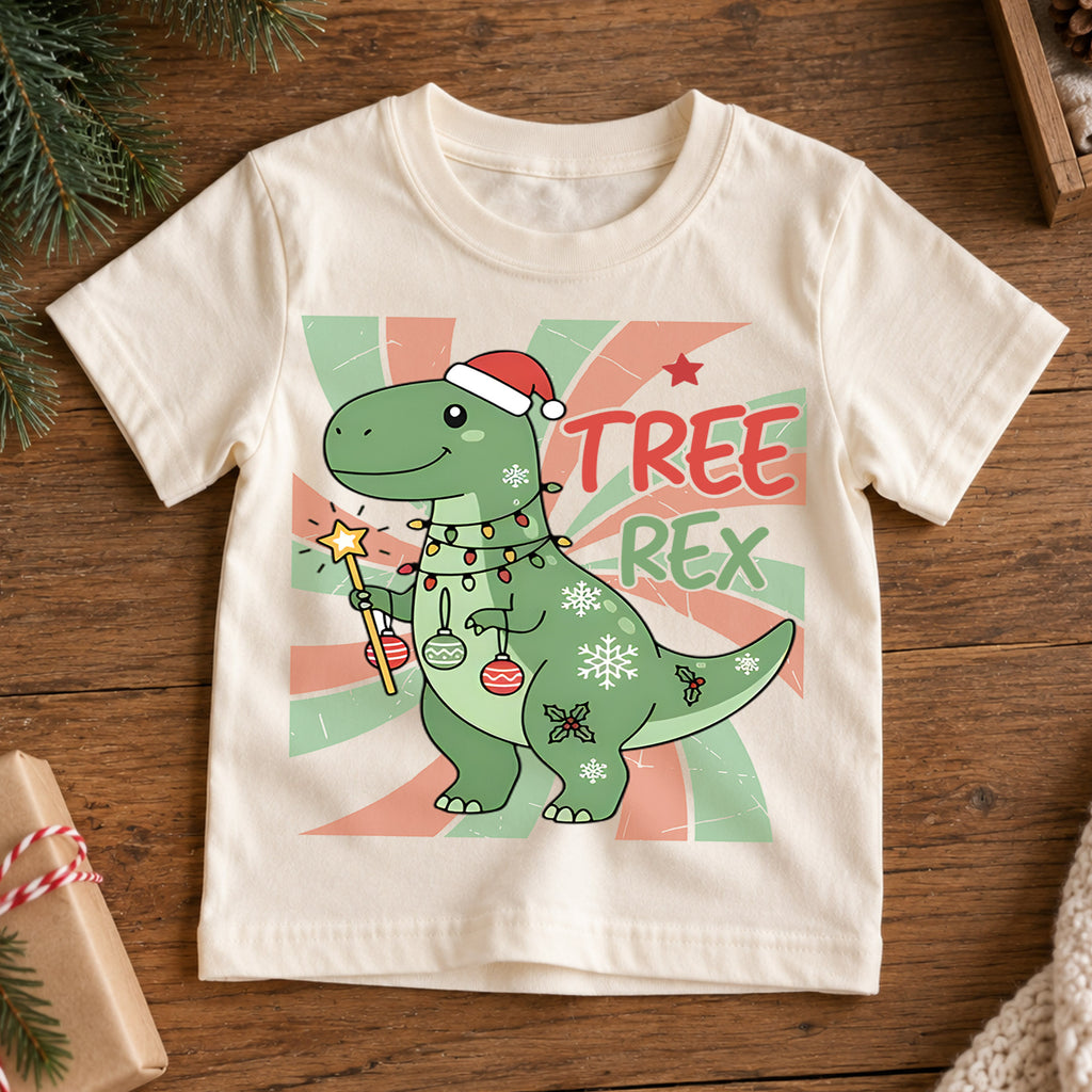 Tree Rex Kids Christmas Shirt, T Rex Dinosaur Holiday Tee, Funny Christmas Dino T Shirt, Dinosaur Lover Xmas Gift for Kids — product view 7