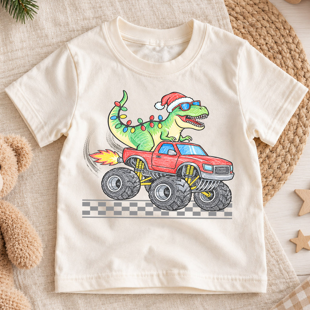 Christmas Dinosaur Monster Truck Kids Shirt, T Rex Holiday Truck Tee, Santa Dino Christmas T Shirt, Xmas Gift for Boys — product view 1