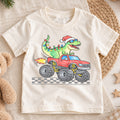Christmas Dinosaur Monster Truck Kids Shirt, T Rex Holiday Truck Tee, Santa Dino Christmas T Shirt, Xmas Gift for Boys — product view 1
