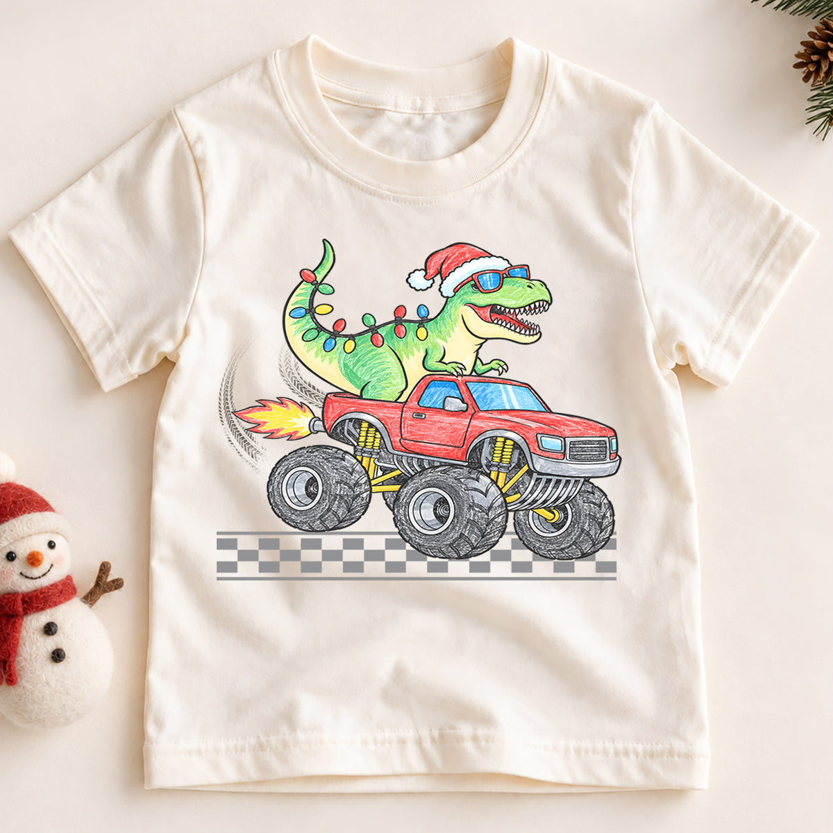 Christmas Dinosaur Monster Truck Kids Shirt, T Rex Holiday Truck Tee, Santa Dino Christmas T Shirt, Xmas Gift for Boys — product view 2