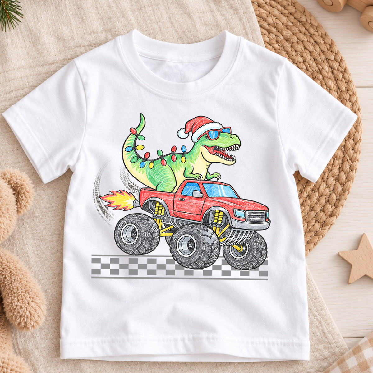 Christmas Dinosaur Monster Truck Kids Shirt, T Rex Holiday Truck Tee, Santa Dino Christmas T Shirt, Xmas Gift for Boys — product view 3