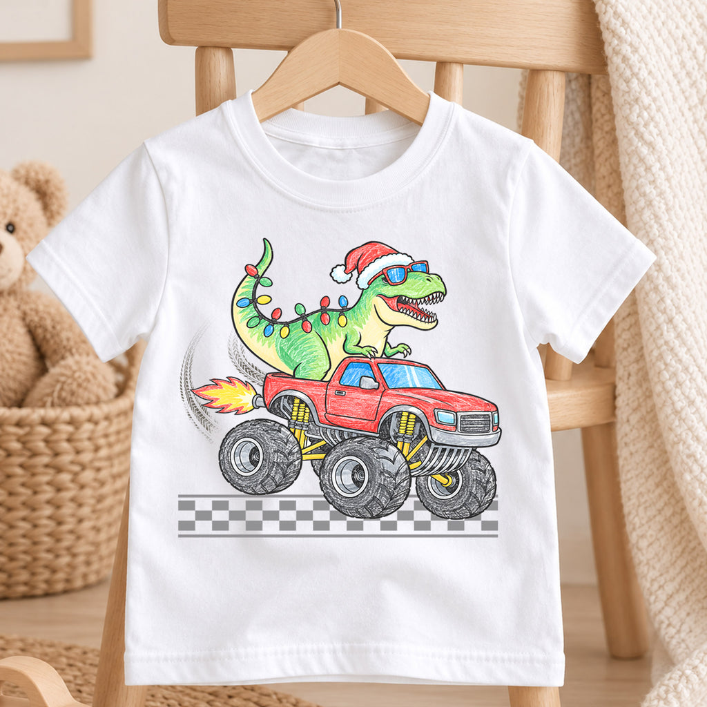 Christmas Dinosaur Monster Truck Kids Shirt, T Rex Holiday Truck Tee, Santa Dino Christmas T Shirt, Xmas Gift for Boys — product view 4