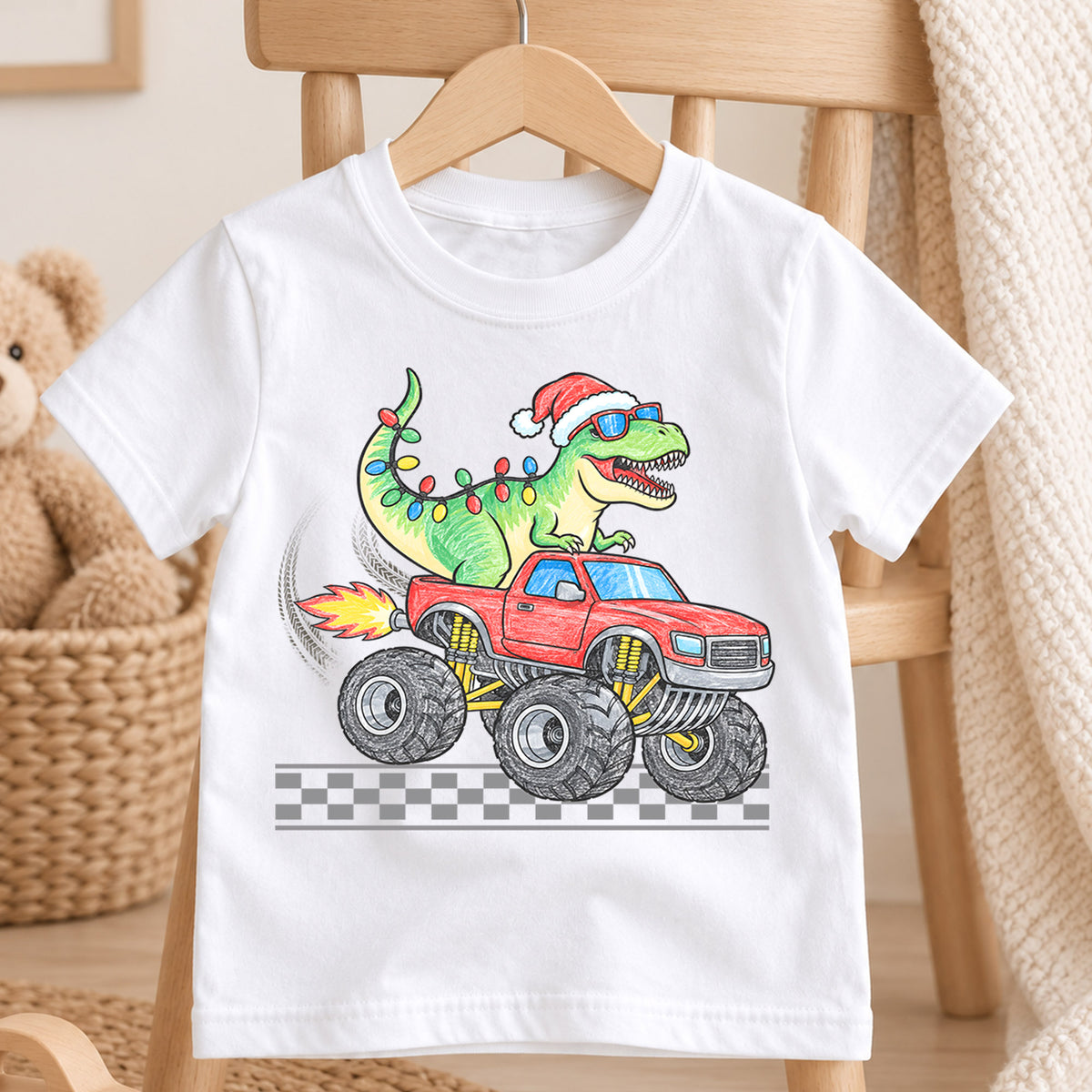 Christmas Dinosaur Monster Truck Kids Shirt, T Rex Holiday Truck Tee, Santa Dino Christmas T Shirt, Xmas Gift for Boys — product view 4