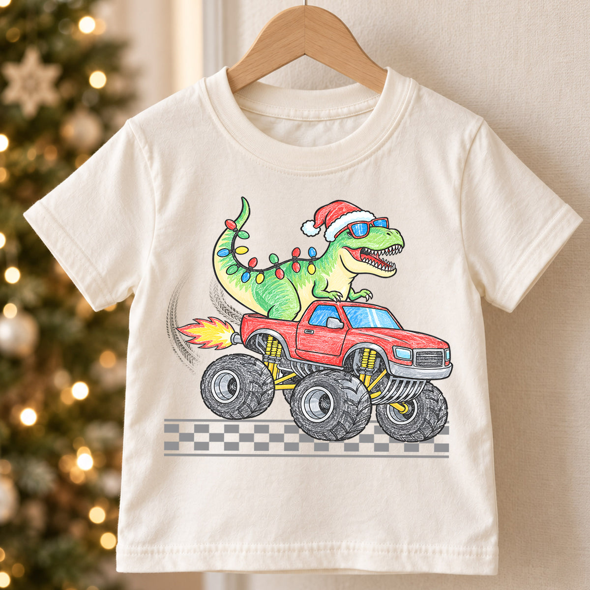 Christmas Dinosaur Monster Truck Kids Shirt, T Rex Holiday Truck Tee, Santa Dino Christmas T Shirt, Xmas Gift for Boys — product view 5