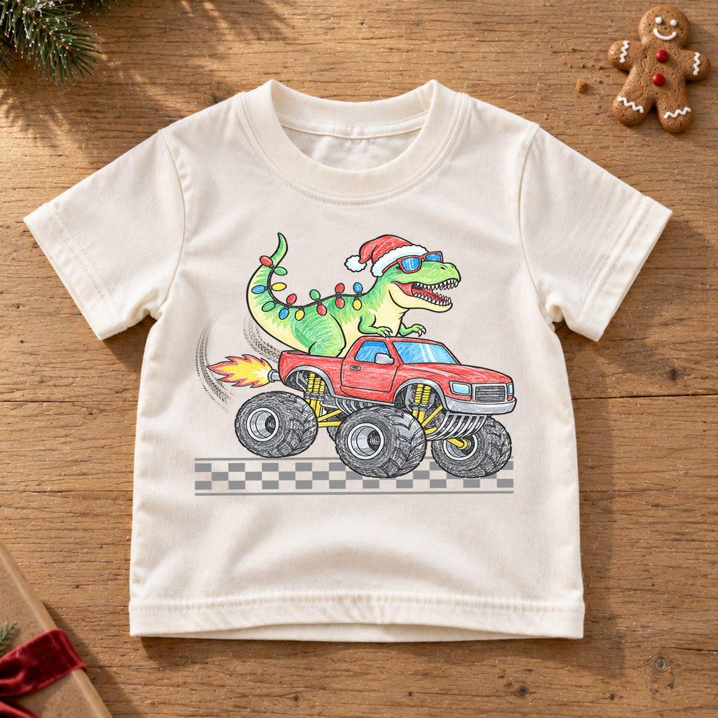Christmas Dinosaur Monster Truck Kids Shirt, T Rex Holiday Truck Tee, Santa Dino Christmas T Shirt, Xmas Gift for Boys — product view 6