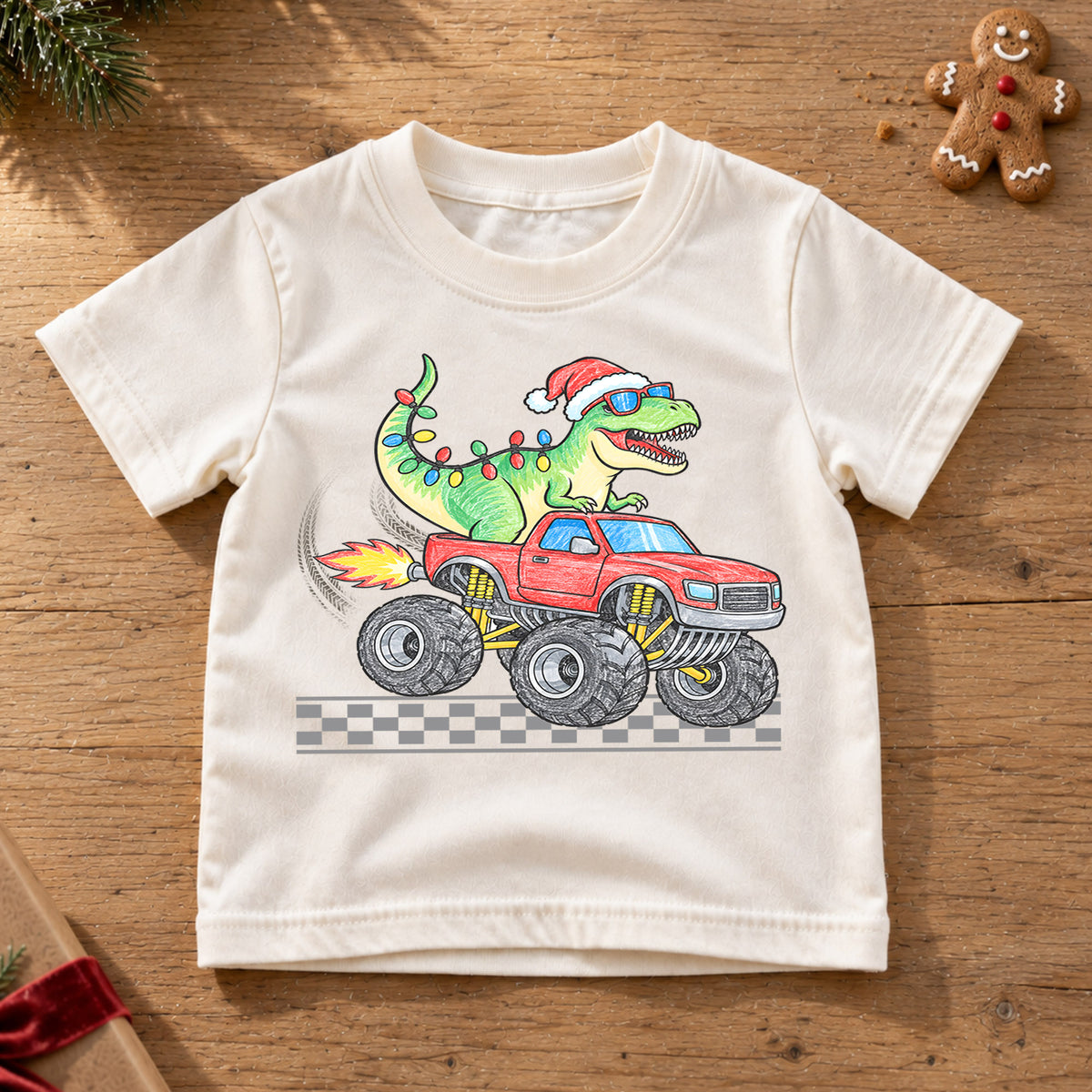 Christmas Dinosaur Monster Truck Kids Shirt, T Rex Holiday Truck Tee, Santa Dino Christmas T Shirt, Xmas Gift for Boys — product view 6