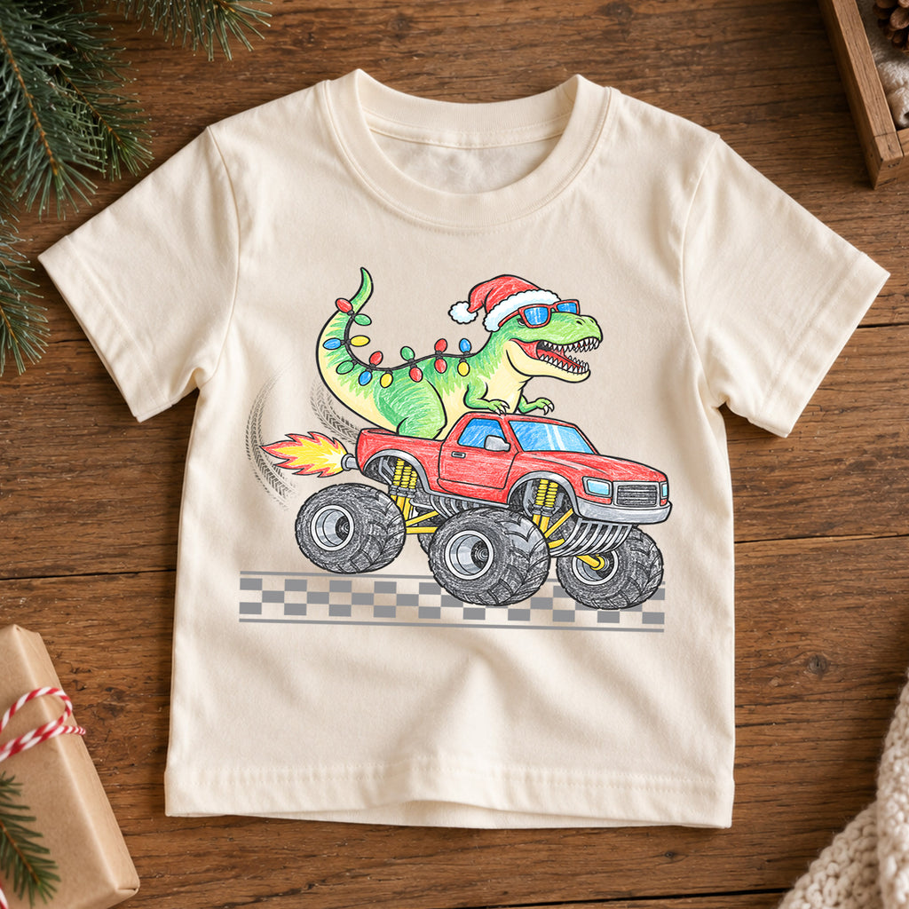 Christmas Dinosaur Monster Truck Kids Shirt, T Rex Holiday Truck Tee, Santa Dino Christmas T Shirt, Xmas Gift for Boys — product view 7