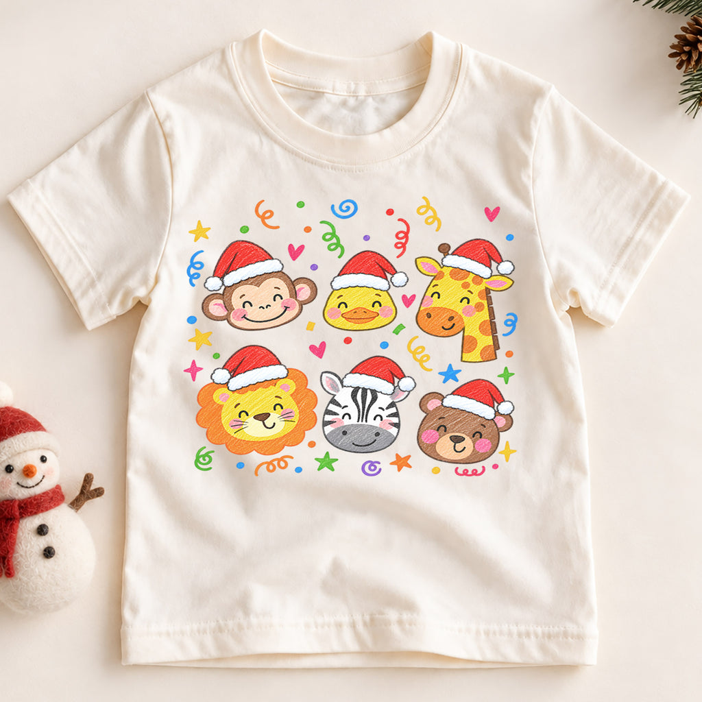 Christmas Safari Animals Kids Shirt, Cute Zoo Animal Holiday Tee, Santa Hat Animal T Shirt, Xmas Gift for Kids — product view 2