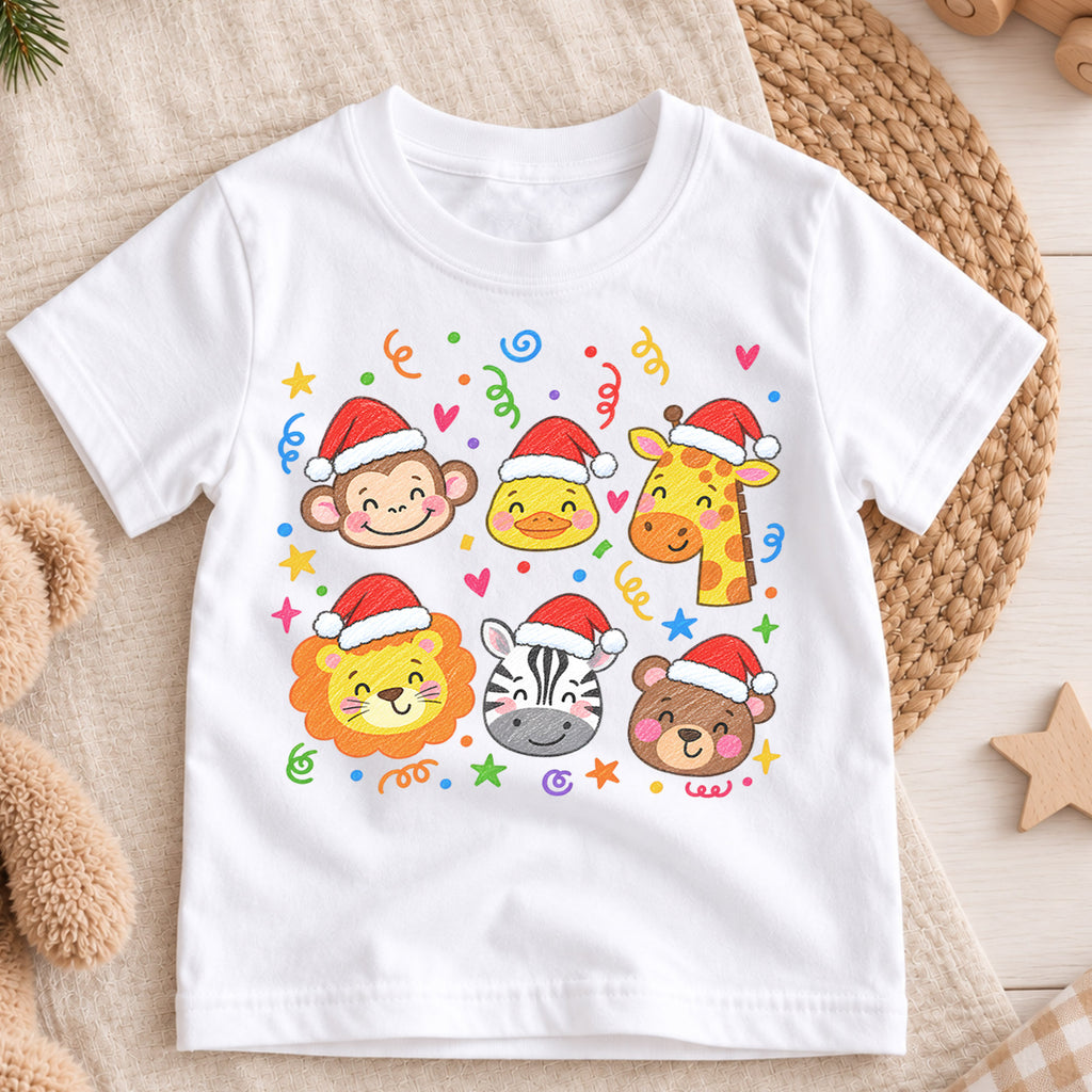 Christmas Safari Animals Kids Shirt, Cute Zoo Animal Holiday Tee, Santa Hat Animal T Shirt, Xmas Gift for Kids — product view 3